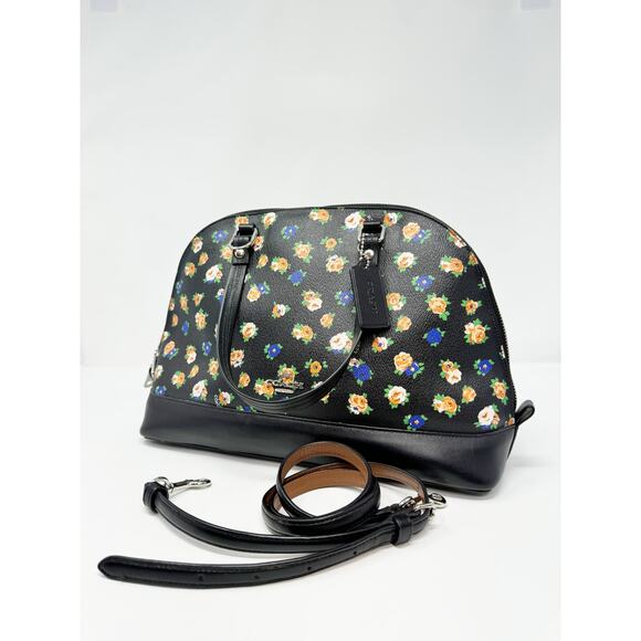 Coach Tea Rose Black Blue Floral Sierra Satchel Top Handle Doctor Crossbody Bag - Picture 2 of 8